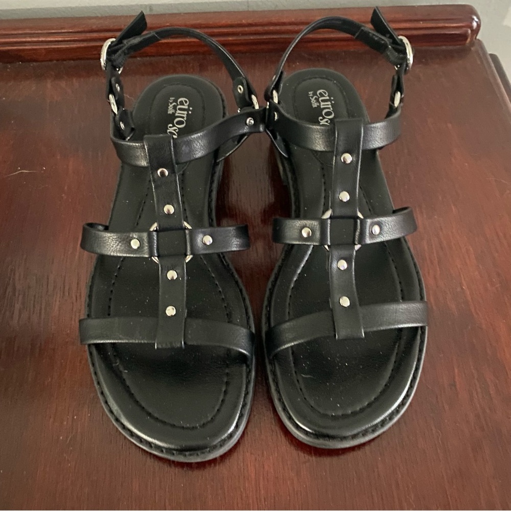 Eurosoft Black Studded T-Strap Sandals with Adjustable Ankle Strap